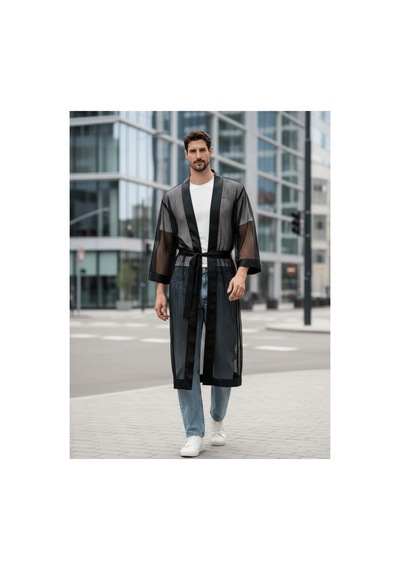 Qmen Style Erkek Kimono Takımı - 3 Lü File Set Bornoz + Pantolon + Şort Siyah