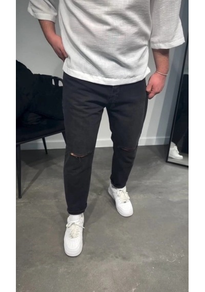 Zenna Tarz Erkek Siyah Dizi Yırtık Boyfriend Jean