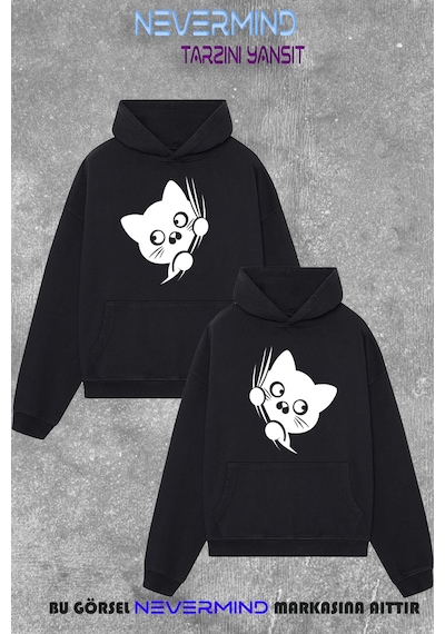 Nevermind Çift Kombini Sweatshirt Seti 3 İplik Oversize Kedi Desenli Hood Siyah