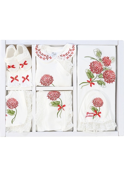 Sitilin Kız Bebek Ortanca Natural 10 Lu Hastane Çıkışı Kanaviçe Çiçek Desen Stl4576 Kırmızı