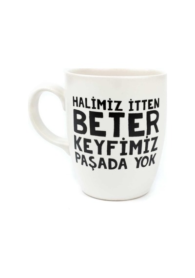 Halimiz İtten Beter Keyfimiz Paşada Yok Krem Oval Kupa - Hediye Seramik Kupa Açık Ahşap