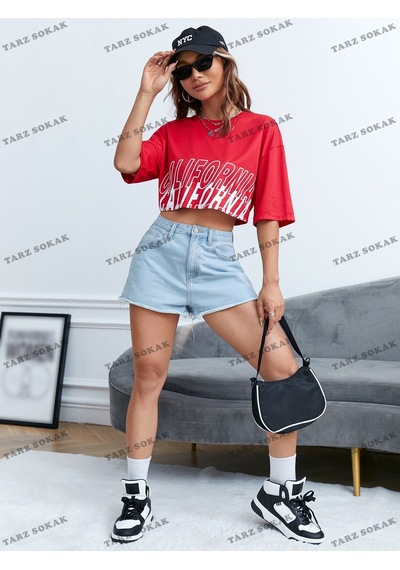 Flood Of Style Crop Ckod-232913 Grafikli Düşük Omuz Kısa Kırmızı