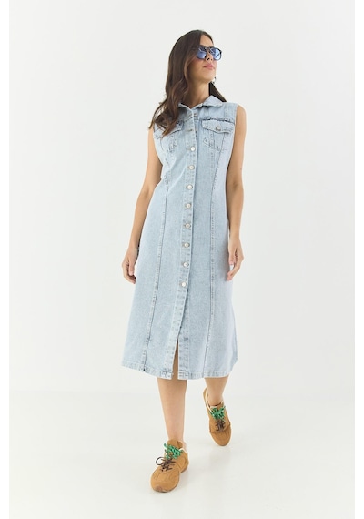 Shade Kadın Belden Oturan Cepleri Kapaklı Sıfır Kollu Düğmeli Denim Elbise 3575 60283288 - Buz Mavisi
