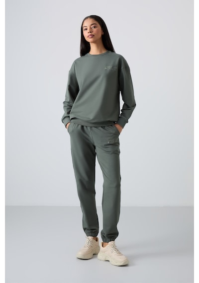 Tommy Life Çağla Basic Pamuklu O Yaka Oversize Lastik Paça Kadın Eşofman Takım - 95287 Çağla