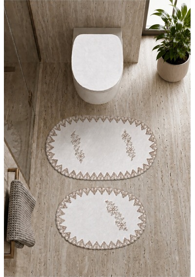 3lü Set Gold-gümüş Fransız Dantelli Lüks Banyo Paspası Kaymaz Tabanlı Çeyizlik Banyo Paspas Seti Lau Gold-Beyaz