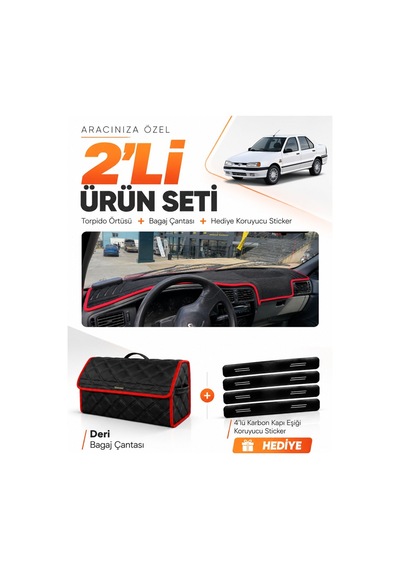 E-biz Renault 19 Europa 1996-2003 Uyumlu Torpido Örtüsü + Deri Çanta - Siyah-kırmızı - Re004