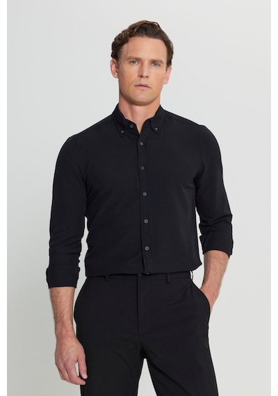 AC&Co / Altınyıldız Classics  Erkek Sıyah Slim Fit Dar Kesim Düğmeli Yaka Armürlü Gofre Desenli Gömlek Siyah