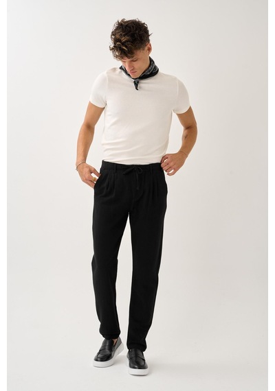 Alexandergardi Regular Fit Beli Lastikli Keten Pantolon Siyah