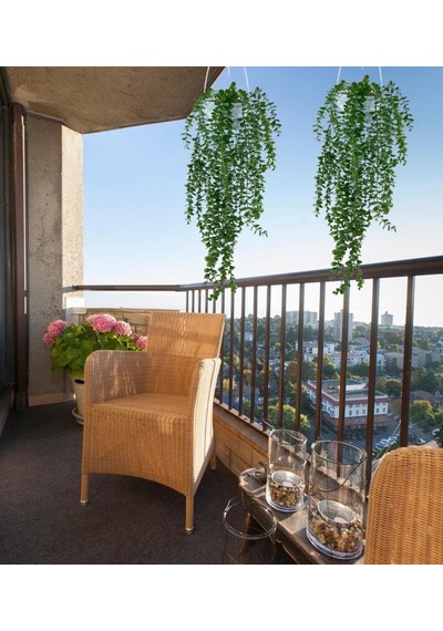 Yapay Çiçek Sarkan Beyaz Balkon Saksısında Şimşir Okaliptus Çok Renkli