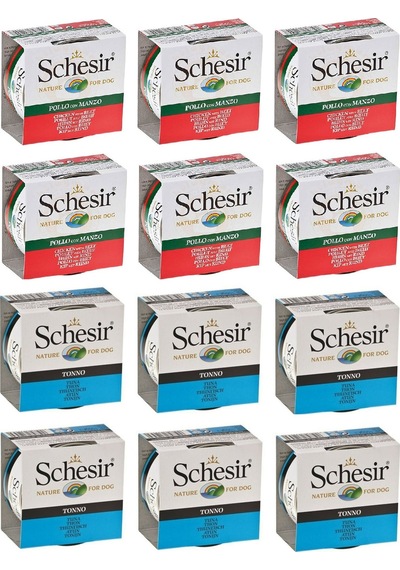 Schesir 2 Çeşit Sığır ve Ton Balıklı Karma Köpek Konservesi 12 x 150 G