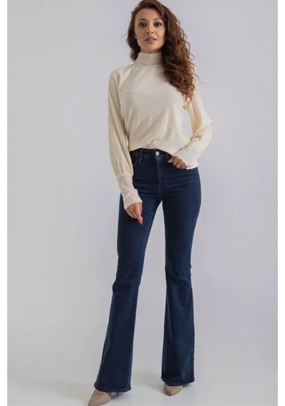 Ispanyol Renk Solmaz Likralı Yüksek Bel Koyu Mavi İspanyol Jeans Pantolon Koyu Mavi
