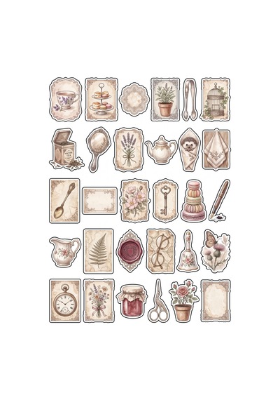 30 Adet Vintage Suluboya Çay Saati Sticker Seti - Ajanda Scrapbook Defter İçin Çok Renkli