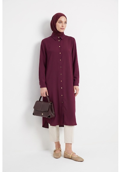 Armine Trend Düğme Detaylı Gömlek Yakalı Uzun Tunik Mürdüm 26yt484