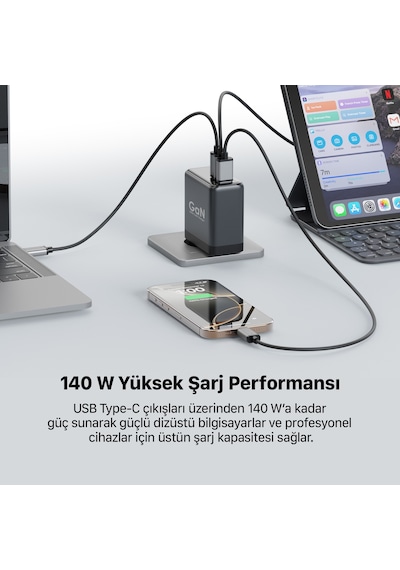 Xenon Smart Hızlı Şarj Adaptörü 140w Gan, 2x Usb-c & Usb-a Çıkışı, Pd Pps, Dijital Ekran X6415