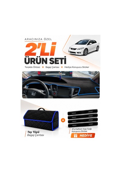 Honda Cıvıc Fb7 2011-2015 Uyumlu Torpido Örtüsü + Tay Tüyü Bagaj Çantası + Sticker - Siyah Mavi