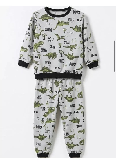 Veraura Lifestyle 4/10 Yaş Dino Baskılı Pamuk Penye Çocuk Pijama Takımı Gri
