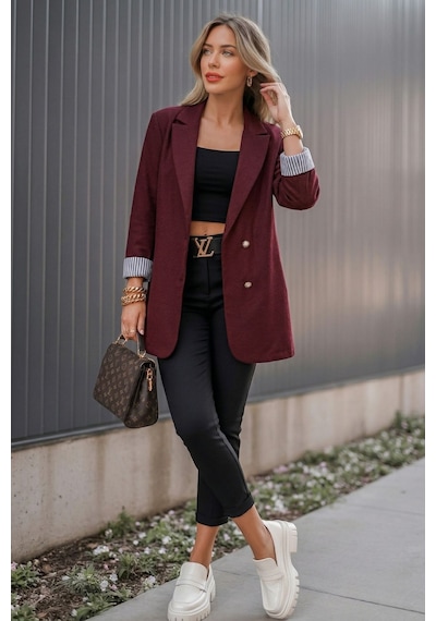 Armonika Kadın Bordo Kruvaze Yaka Kolu Katlama Detaylı Oversize Vatkalı Blazer Ceket Arm-25k001015