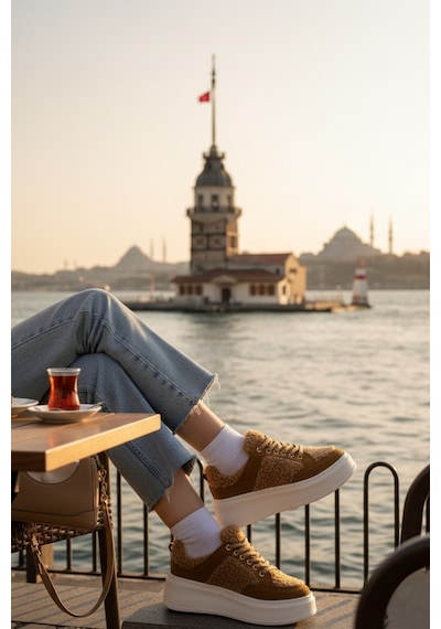Muggo Fleecy Kalın Taban Bağcıklı Peluş Detaylı Kadın Kışlık Sneaker Spor Ayakkabı Taba