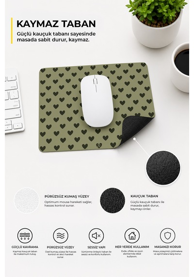 Haki Renkli Kalpli Desenli Ergonomik Mouse Pad, Kaymaz Yüzey İle Ev Ve Ofis Kullanımı İçin İdeal