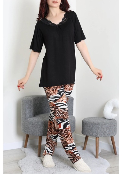 Modi Dantelli Pijama Takımı Siyah - 71502.1773. Açık Bej - Siyah