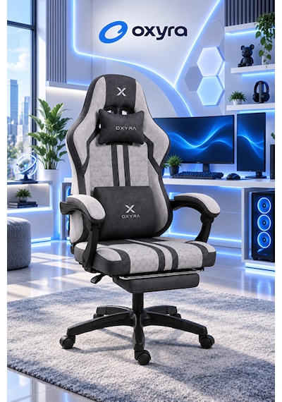 Oxyra Toney Premium Ergonomik Terletmez Kumaş Ayak Destekli Gri Oyuncu Koltuğu GRi Siyah