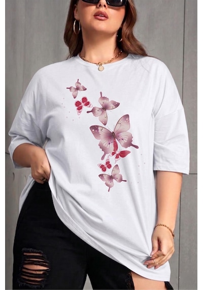 Kelebek Baskılı Kadın Büyük Beden Battal Bisiklet Yaka Pamuklu T-shirt Rahat Kesim Beyaz