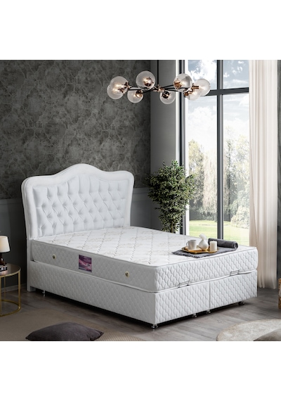 Setaymobilya Baza, Camelli Çift Kişilik Beyaz Baza + Başlık + Deluxe Yatak