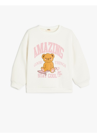 Koton Ayıcık Baskılı Bisiklet Yaka Uzun Kollu Sweatshirt Ekru 5wkg10662ak Ekru