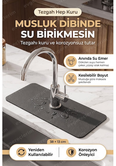 Su Emici Sihirli Lavabo Musluk Kenar Matı Kaymaz Mutfak Banyo Paspas 38x13 Cm Gri