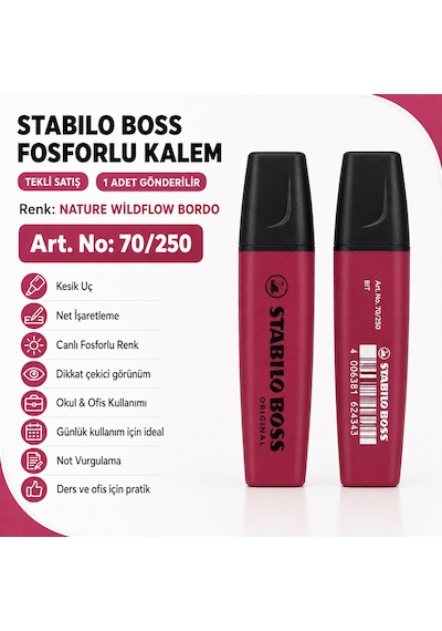 Boss Fosforlu Kalem 1 Adet Metin İşaretleme Kalemi Bordo