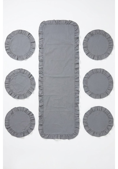 Yunusoğlu Home Fırfırlı Runner Ve Supla Takımı - Masa Örtüsü Takımı 7 Parça 150x50 Cm Füme