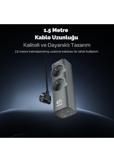 Akım Korumalı Priz, Güç Şeridi, 67w Gan Hızlı Şarj Adaptörü, Tam Zamanlı 6 Bağlantı Noktası, 2x Priz Giri 0