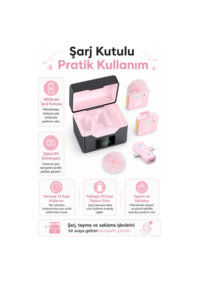 Kablosuz Tüylü Pembe Yaka Mikrofonu 1 Alıcı 2 Verici Şarj Kutulu Dijital Ekranlı 2.4g Gürültü Azaltmalı Type-c Lightning Uyumlu Mikrofon Seti