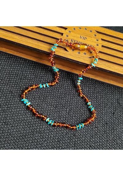 Sertifikalı Konyak Turkuaz 35 cm Kız Erkek Bebek Diş Kolyesi Çok Renkli