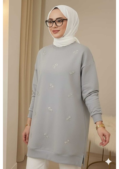 Azram Fiyonk Pul Ve İnci İşlemeli Tesettür Tunik Gri Gri