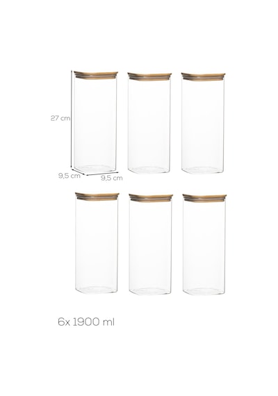 Porsima 7-3 Bambu Vakumlu Kapaklı Kare Borsilikat Cam 6lı Kavanoz Seti Saklama Kabı 1900ml 9,5x27cm Ahşap - Şeffaf