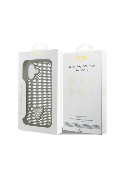 Apple Uyumlu iPhone 17 Kılıf Guess Lisanslı Taşlı Arka Yüzey Üçgen Logolu Kapak Gümüş