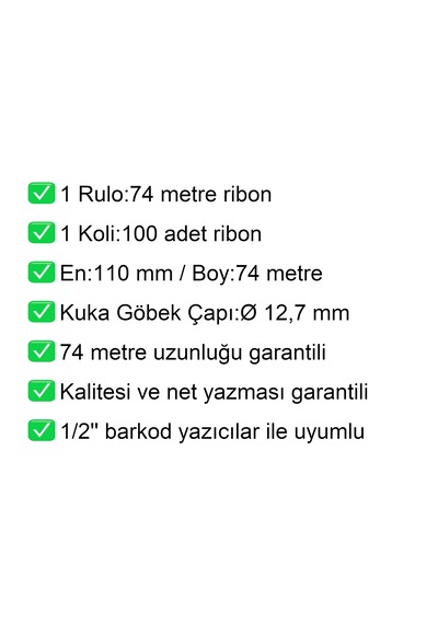 110x74 Metre Wax Siyah Ribon 100 Adet / En:110 Mm Boy:74 Metre 100