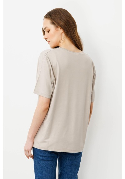 Kadın V Yaka Yakası Taşlı Penye T-shirt Bej Bej