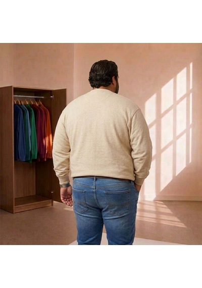 Sngl Tekstil Erkek Büyük Beden Oversize 20/1 Penye Uzun Kollu Sweatshirt Ekru