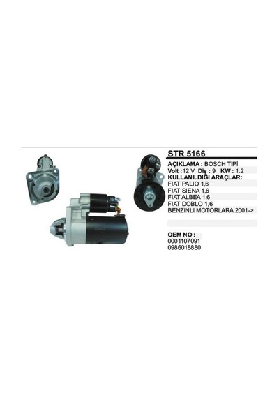 Marş Motor 12v 1,2kw 9diş Brava Bravo 1 Marea Palio Siena Doblo Stilo 1,6 / 1,6 16v 46451529 Str5166 Dodo