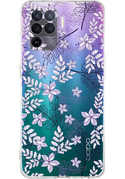 Oppo A94 Uyumlu Kamera Korumalı Floral Lila Tasarımlı Şeffaf Silikon Kılıf