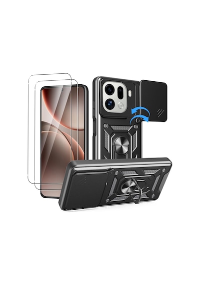 Teleplus Oppo Find X9 Pro Kılıf Armor Slide Yüzüklü Tank Kapak + 2 Ad Nano Ekran Koruyucu Siyah