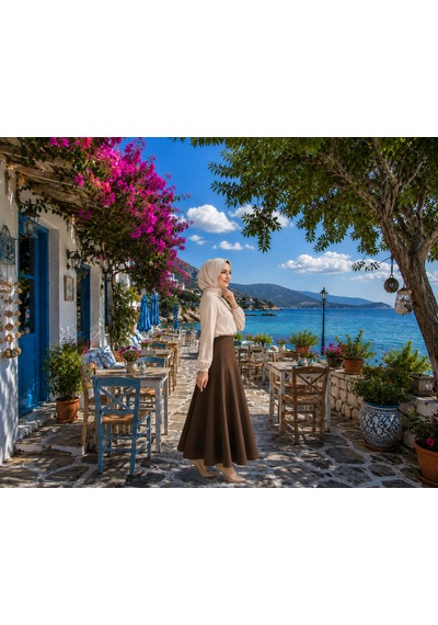 Feyece Kadın Kahverengi Örme Scuba Krep Tesettür Ve Günlük Etek Boy:94-95cm