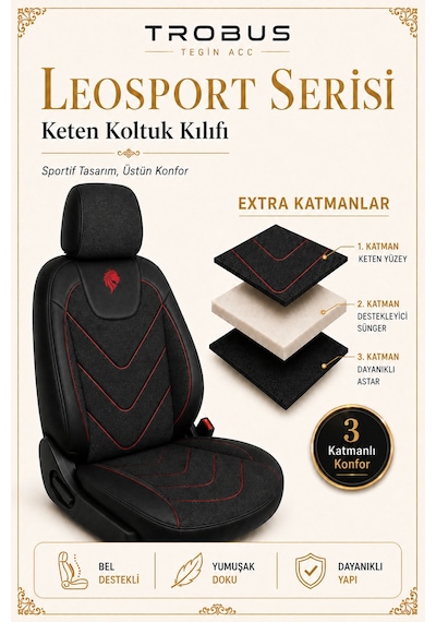 Dacia Duster 2010 Sonrası Uyumlu Leosport Serisi Ortopedik Keten Oto Koltuk Kılıfı Siyah Kırmızı