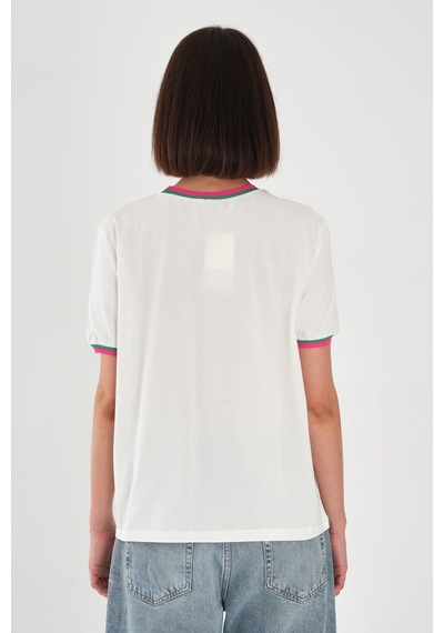 Alexandergardı Yaka Ve Kol Detaylı Baskılı Kadın T-shirt Beyaz