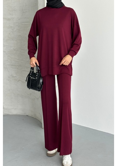 Feela Moda Kadın Modal Penye Oversize Tesettür Tunik Takım 2020 Bordo