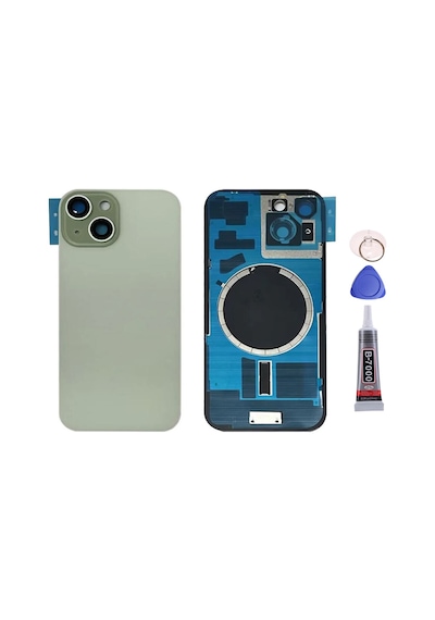 Apple Uyumlu iPhone 15 Yeşil Full Nfc Ve Demirli Arka Kapak Batarya Kapağı Pil Kapağı Yapışkan Ve Sökme Aparatıyla Beraber Full Set Yeşil