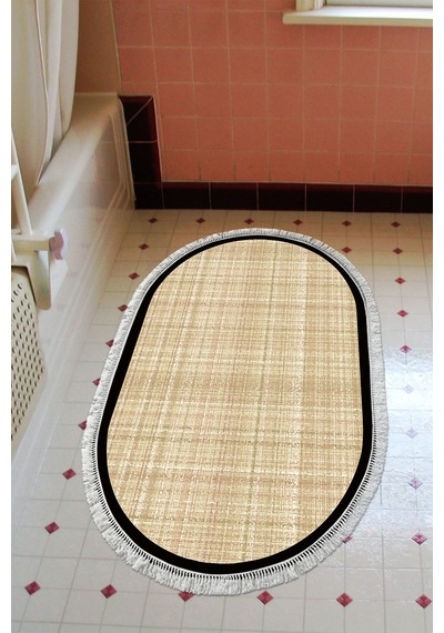 Kaymaz Taban Djt Banyo Mutfak Salon Halı Trend Saçaklı Oval Dokuma Desen E5007 Bej Kahve