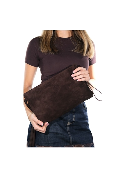 Morden Kahverengi Süet Hakiki Deri Kadın Clutch Çanta Kahverengi